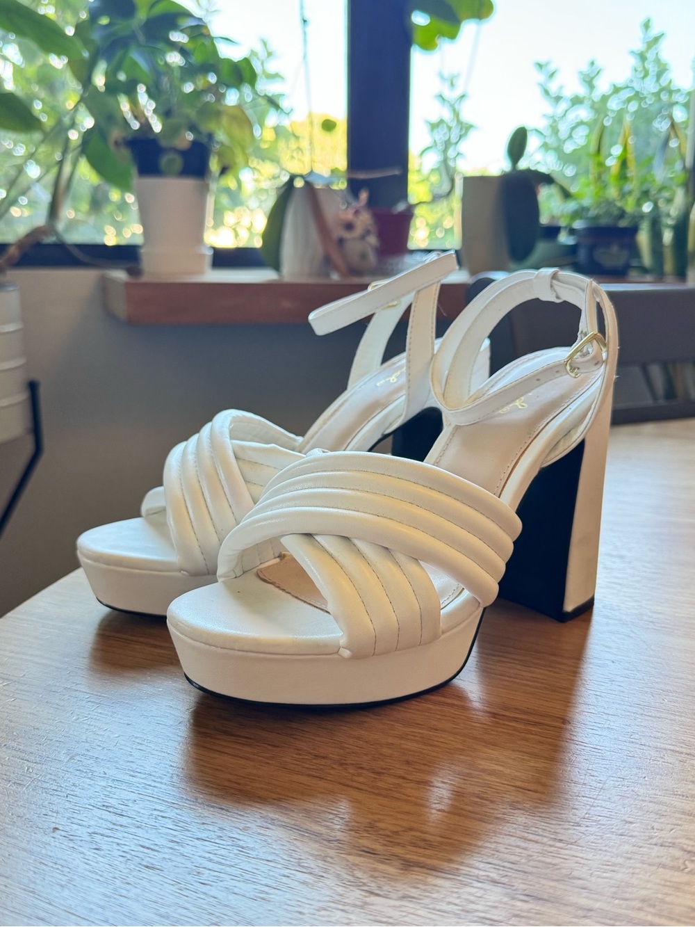 Qupid White Platform Block Heel Sandals with Ankle Strap